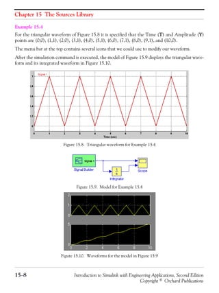 Chapter 15 The Sources Library
15−8 Introduction to Simulink with Engineering Applications, Second Edition
Copyright © Orchard Publications
Example 15.4
For the triangular waveform of Figure 15.8 it is specified that the Time (T) and Amplitude (Y)
points are (0,0), (1,1), (2,0), (3,1), (4,0), (5,1), (6,0), (7,1), (8,0), (9,1), and (10,0).
The menu bar at the top contains several icons that we could use to modify our waveform.
After the simulation command is executed, the model of Figure 15.9 displays the triangular wave-
form and its integrated waveform in Figure 15.10.
Figure 15.8. Triangular waveform for Example 15.4
Figure 15.9. Model for Example 15.4
Figure 15.10. Waveforms for the model in Figure 15.9
 