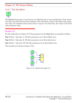 Chapter 15 The Sources Library
15−12 Introduction to Simulink with Engineering Applications, Second Edition
Copyright © Orchard Publications
15.2.7 The Step Block
The Step block generates a step between two defined levels at some specified time. If the simula-
tion time is less than the Step time parameter value, the block's output is the Initial value param-
eter value. For simulation time greater than or equal to the Step time, the output is the Final
value parameter value.
Example 15.7
For the model shown in Figure 15.15 the parameters for the Step blocks are specified as follows:
Step 1 block − Step time: 1. All other parameters are in their default state.
Step 2 block − Step time: 5. All other parameters are in their default state.
Step 3 block − Step time: 10. All other parameters are in their default state.
The waveforms are shown in Figure 15.16.
Figure 15.15. Model for Example 15.7
 