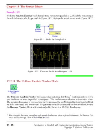Chapter 15 The Sources Library
15−16 Introduction to Simulink with Engineering Applications, Second Edition
Copyright © Orchard Publications
Example 15.9
With the Random Number block Sample time parameter specified as 0.25 and the remaining at
their default states, the Scope block in Figure 15.21 displays the waveform shown in Figure 15.22.
Figure 15.21. Model for Example 15.9
Figure 15.22. Waveform for the model in figure 15.21
15.2.11 The Uniform Random Number Block
The Uniform Random Number block generates uniformly distributed* random numbers over a
specified interval with a specified starting seed. The seed is reset each time a simulation starts.
The generated sequence is repeated and can be produced by any Uniform Random Number block
with the same seed and parameters. To generate normally distributed random numbers, we use
the Random Number block which is described in Subsection 15.2.10, this chapter.
* For a detailed discussion on uniform and normal distributions, please refer to Mathematics for Business, Sci-
ence, and Technology, ISBN 978−1−934404−01−0
 