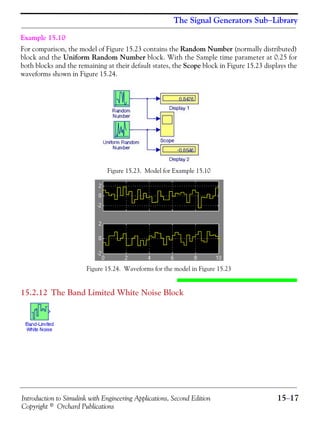 Introduction to Simulink with Engineering Applications, Second Edition 15−17
Copyright © Orchard Publications
The Signal Generators Sub−Library
Example 15.10
For comparison, the model of Figure 15.23 contains the Random Number (normally distributed)
block and the Uniform Random Number block. With the Sample time parameter at 0.25 for
both blocks and the remaining at their default states, the Scope block in Figure 15.23 displays the
waveforms shown in Figure 15.24.
Figure 15.23. Model for Example 15.10
Figure 15.24. Waveforms for the model in Figure 15.23
15.2.12 The Band Limited White Noise Block
 