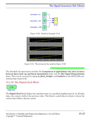 Introduction to Simulink with Engineering Applications, Second Edition 15−27
Copyright © Orchard Publications
The Signal Generators Sub−Library
Figure 15.40. Model for Example 15.16
Figure 15.41. Waveforms for the model in Figure 15.40
The Simulink documentation includes the Comparison in approximate sine wave accuracy
between direct look−up and linear interpolation demo and the Bus Signal Demonstration
demo. They can be accessed by typing sl_demo_tonegen, and busdemo at the MATLAB com-
mand prompt respectively.
15.2.18 The Digital Clock Block
The Digital Clock block displays the simulation time at a specified sampling interval. At all other
times, the output is held at the previous value. This block is useful when we desire to know the
current time within a discrete system.
 