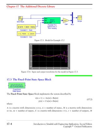Chapter 17 The Additional Discrete Library
17−4 Introduction to Simulink with Engineering Applications, Second Edition
Copyright © Orchard Publications
Figure 17.3. Model for Example 17.2
Figure 17.4. Input and output waveforms for the model in Figure 17.3
17.3 The Fixed−Point State−Space Block
The Fixed−Point State−Space block implements the system described by
(17.2)
where:
is a matrix with dimensions , , is a matrix with dimensions
, , is a matrix with dimensions , ,
x n 1+[ ] Ax n[ ] Bu n[ ]+=
y n[ ] Cx n[ ] Du n[ ]+=
A n n× n number of states= B
n m× m number of inputs= C r n× r number of outputs= D
 