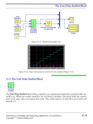Introduction to Simulink with Engineering Applications, Second Edition 17−9
Copyright © Orchard Publications
The Unit Delay Enabled Block
Figure 17.11. Model for Example 17.6
Figure 17.12. Input and output waveforms for the model in Figure 17.11
17.7 The Unit Delay Enabled Block
The Unit Delay Enabled block delays a signal by one sample period when the external enable sig-
nal E is on. When the enable signal E is off, the block is disabled. The block holds the current
state at the same value and outputs that value. The enable signal is on when E is not 0, and is off
when E is 0.
 