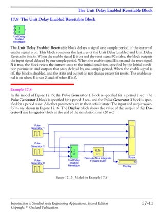 Introduction to Simulink with Engineering Applications, Second Edition 17−11
Copyright © Orchard Publications
The Unit Delay Enabled Resettable Block
17.8 The Unit Delay Enabled Resettable Block
The Unit Delay Enabled Resettable block delays a signal one sample period, if the external
enable signal is on. This block combines the features of the Unit Delay Enabled and Unit Delay
Resettable blocks. When the enable signal E is on and the reset signal R is false, the block outputs
the input signal delayed by one sample period. When the enable signal E is on and the reset signal
R is true, the block resets the current state to the initial condition, specified by the Initial condi-
tion parameter, and outputs that state delayed by one sample period. When the enable signal is
off, the block is disabled, and the state and output do not change except for resets. The enable sig-
nal is on when E is not 0, and off when E is 0.
Example 17.8
In the model of Figure 17.15, the Pulse Generator 1 block is specified for a period 2 sec., the
Pulse Generator 2 block is specified for a period 3 sec., and the Pulse Generator 3 block is spec-
ified for a period 4 sec. All other parameters are in their default state. The input and output wave-
forms are shown in Figure 17.16. The Display block shows the value of the output of the Dis-
crete−Time Integrator block at the end of the simulation time (20 sec).
Figure 17.15. Model for Example 17.8
 