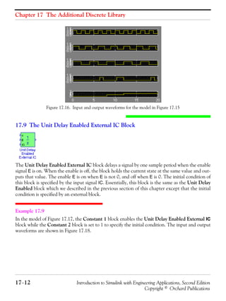 Chapter 17 The Additional Discrete Library
17−12 Introduction to Simulink with Engineering Applications, Second Edition
Copyright © Orchard Publications
Figure 17.16. Input and output waveforms for the model in Figure 17.15
17.9 The Unit Delay Enabled External IC Block
The Unit Delay Enabled External IC block delays a signal by one sample period when the enable
signal E is on. When the enable is off, the block holds the current state at the same value and out-
puts that value. The enable E is on when E is not 0, and off when E is 0. The initial condition of
this block is specified by the input signal IC. Essentially, this block is the same as the Unit Delay
Enabled block which we described in the previous section of this chapter except that the initial
condition is specified by an external block.
Example 17.9
In the model of Figure 17.17, the Constant 1 block enables the Unit Delay Enabled External IC
block while the Constant 2 block is set to 1 to specify the initial condition. The input and output
waveforms are shown in Figure 17.18.
 