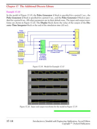 Chapter 17 The Additional Discrete Library
17−14 Introduction to Simulink with Engineering Applications, Second Edition
Copyright © Orchard Publications
Example 17.10
In the model of Figure 17.19, the Pulse Generator 1 block is specified for a period 2 sec., the
Pulse Generator 2 block is specified for a period 3 sec., and the Pulse Generator 3 block is spec-
ified for a period 4 sec. All other parameters are in their default state. The input and output wave-
forms are shown in Figure 17.20. The Display block shows the value of the output of the Dis-
crete−Time Integrator block at the end of the simulation time (10 sec).
Figure 17.19. Model for Example 17.10
Figure 17.20. Input and output waveforms for the model in Figure 17.19
 
