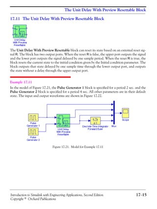 Introduction to Simulink with Engineering Applications, Second Edition 17−15
Copyright © Orchard Publications
The Unit Delay With Preview Resettable Block
17.11 The Unit Delay With Preview Resettable Block
The Unit Delay With Preview Resettable block can reset its state based on an external reset sig-
nal R. The block has two output ports. When the reset R is false, the upper port outputs the signal
and the lower port outputs the signal delayed by one sample period. When the reset R is true, the
block resets the current state to the initial condition given by the Initial condition parameter. The
block outputs that state delayed by one sample time through the lower output port, and outputs
the state without a delay through the upper output port.
Example 17.11
In the model of Figure 17.21, the Pulse Generator 1 block is specified for a period 2 sec. and the
Pulse Generator 2 block is specified for a period 4 sec. All other parameters are in their default
state. The input and output waveforms are shown in Figure 17.22.
Figure 17.21. Model for Example 17.11
 