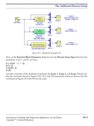 Introduction to Simulink with Engineering Applications, Second Edition 19−3
Copyright © Orchard Publications
The Additional Discrete Group
Figure 19.1. Models for Example 19.1
Next, in the Function Block Parameters dialog box for the Discrete State−Space block for the
parameters , and , we enter:
A: [−0.618 −1; 1 0]
B: [1 0]’
C: [0.951 0]
D: [0]
and after execution of the simulation command, the Scope 1, Scope 2, and Scope 3 blocks dis-
play the waveforms shown in Figures 19.2, 19.3, and 19.4 respectively where we observe that the
waveforms in Figures 19.3 and 19.4 are the same.
A B C, , D
 