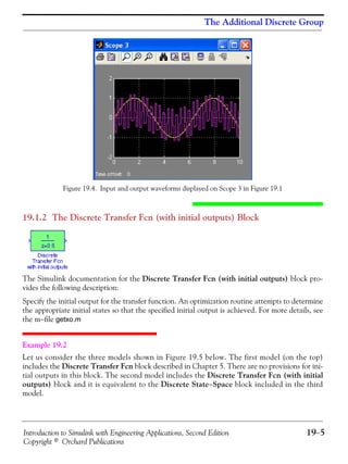 Introduction to Simulink with Engineering Applications, Second Edition 19−5
Copyright © Orchard Publications
The Additional Discrete Group
Figure 19.4. Input and output waveforms displayed on Scope 3 in Figure 19.1
19.1.2 The Discrete Transfer Fcn (with initial outputs) Block
The Simulink documentation for the Discrete Transfer Fcn (with initial outputs) block pro-
vides the following description:
Specify the initial output for the transfer function. An optimization routine attempts to determine
the appropriate initial states so that the specified initial output is achieved. For more details, see
the m−file getxo.m
Example 19.2
Let us consider the three models shown in Figure 19.5 below. The first model (on the top)
includes the Discrete Transfer Fcn block described in Chapter 5. There are no provisions for ini-
tial outputs in this block. The second model includes the Discrete Transfer Fcn (with initial
outputs) block and it is equivalent to the Discrete State−Space block included in the third
model.
 