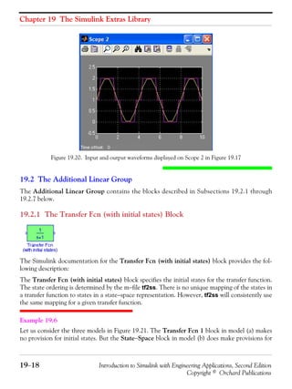 Chapter 19 The Simulink Extras Library
19−18 Introduction to Simulink with Engineering Applications, Second Edition
Copyright © Orchard Publications
Figure 19.20. Input and output waveforms displayed on Scope 2 in Figure 19.17
19.2 The Additional Linear Group
The Additional Linear Group contains the blocks described in Subsections 19.2.1 through
19.2.7 below.
19.2.1 The Transfer Fcn (with initial states) Block
The Simulink documentation for the Transfer Fcn (with initial states) block provides the fol-
lowing description:
The Transfer Fcn (with initial states) block specifies the initial states for the transfer function.
The state ordering is determined by the m−file tf2ss. There is no unique mapping of the states in
a transfer function to states in a state−space representation. However, tf2ss will consistently use
the same mapping for a given transfer function.
Example 19.6
Let us consider the three models in Figure 19.21. The Transfer Fcn 1 block in model (a) makes
no provision for initial states. But the State−Space block in model (b) does make provisions for
 