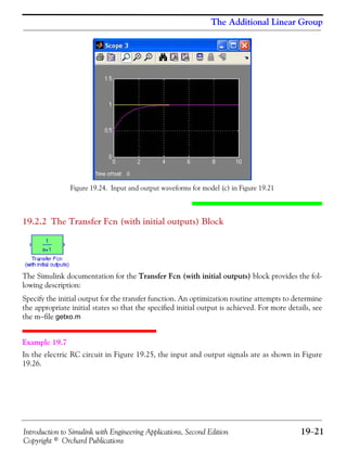 Introduction to Simulink with Engineering Applications, Second Edition 19−21
Copyright © Orchard Publications
The Additional Linear Group
Figure 19.24. Input and output waveforms for model (c) in Figure 19.21
19.2.2 The Transfer Fcn (with initial outputs) Block
The Simulink documentation for the Transfer Fcn (with initial outputs) block provides the fol-
lowing description:
Specify the initial output for the transfer function. An optimization routine attempts to determine
the appropriate initial states so that the specified initial output is achieved. For more details, see
the m−file getxo.m
Example 19.7
In the electric RC circuit in Figure 19.25, the input and output signals are as shown in Figure
19.26.
 