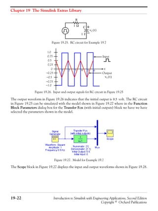 Chapter 19 The Simulink Extras Library
19−22 Introduction to Simulink with Engineering Applications, Second Edition
Copyright © Orchard Publications
Figure 19.25. RC circuit for Example 19.7
Figure 19.26. Input and output signals for RC circuit in Figure 19.25
The output waveform in Figure 19.26 indicates that the initial output is volt. The RC circuit
in Figure 19.25 can be simulated with the model shown in Figure 19.27 where in the Function
Block Parameters dialog box for the Transfer Fcn (with initial outputs) block we have we have
selected the parameters shown in the model.
Figure 19.27. Model for Example 19.7
The Scope block in Figure 19.27 displays the input and output waveforms shown in Figure 19.28.
vC t( )
R
C1 Ω
1 F
1.0
0.75
0.5
0.25
−1.0
0
−0.25
−0.5
−0.75
t
Input
Output
vC t( )
61 2 3 4 5
0.5
 