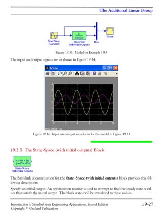 Introduction to Simulink with Engineering Applications, Second Edition 19−27
Copyright © Orchard Publications
The Additional Linear Group
Figure 19.33. Model for Example 19.9
The input and output signals are as shown in Figure 19.34.
Figure 19.34. Input and output waveforms for the model in Figure 19.33
19.2.5 The State−Space (with initial outputs) Block
The Simulink documentation for the State−Space (with initial outputs) block provides the fol-
lowing description:
Specify an initial output. An optimization routine is used to attempt to find the steady state x val-
ues that satisfy the initial output. The block states will be initialized to these values.
 