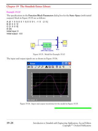 Chapter 19 The Simulink Extras Library
19−28 Introduction to Simulink with Engineering Applications, Second Edition
Copyright © Orchard Publications
Example 19.10
The specifications in the Function Block Parameters dialog box for the State−Space (with initial
outputs) block in Figure 19.35 are as follows:
A: [0 1 0 0; 0 0 1 0; 0 0 0 1; −1 0 −2 0 ]
B: [0 0 0 1]’
C: [1 0 0 0]
D: [0]
Initial input: 0
Initial output: −0.5
Figure 19.35. Model for Example 19.10
The input and output signals are as shown in Figure 19.36.
Figure 19.36. Input and output waveforms for the model in Figure 19.35
 