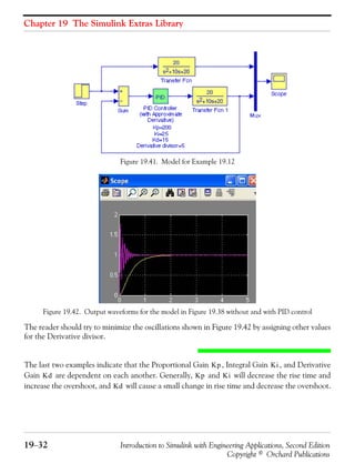 Chapter 19 The Simulink Extras Library
19−32 Introduction to Simulink with Engineering Applications, Second Edition
Copyright © Orchard Publications
Figure 19.41. Model for Example 19.12
Figure 19.42. Output waveforms for the model in Figure 19.38 without and with PID control
The reader should try to minimize the oscillations shown in Figure 19.42 by assigning other values
for the Derivative divisor.
The last two examples indicate that the Proportional Gain , Integral Gain , and Derivative
Gain are dependent on each another. Generally, and will decrease the rise time and
increase the overshoot, and will cause a small change in rise time and decrease the overshoot.
Kp Ki
Kd Kp Ki
Kd
 