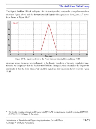 Introduction to Simulink with Engineering Applications, Second Edition 19−35
Copyright © Orchard Publications
The Additional Sinks Group
The Signal Builder 2 block in Figure 19.43 is configured to output the triangular waveform
shown in Figure 19.46, and the Power Spectral Density block produces the wave-
form shown in Figure 19.47.
Figure 19.46. Input waveform to the Power Spectral Density block in Figure 19.43
As stated above, the power spectral density is the Fourier transform of the auto correlation func-
tion and we can prove* that the Fourier transform of a triangular pulse centered at the origin with
amplitude has the form and this signal has the waveform shown below in Figure
19.48.
* The proof is provided in Signals and Systems with MATLAB Computing and Simulink Modeling, ISBN 978−
0−9744239−9−9, Chapter 8, Exercise 6.
K x x⁄sin( )
2
K K xsin x⁄( )
2
 
