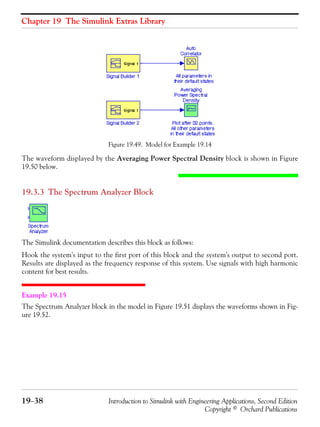 Chapter 19 The Simulink Extras Library
19−38 Introduction to Simulink with Engineering Applications, Second Edition
Copyright © Orchard Publications
Figure 19.49. Model for Example 19.14
The waveform displayed by the Averaging Power Spectral Density block is shown in Figure
19.50 below.
19.3.3 The Spectrum Analyzer Block
The Simulink documentation describes this block as follows:
Hook the system's input to the first port of this block and the system's output to second port.
Results are displayed as the frequency response of this system. Use signals with high harmonic
content for best results.
Example 19.15
The Spectrum Analyzer block in the model in Figure 19.51 displays the waveforms shown in Fig-
ure 19.52.
 