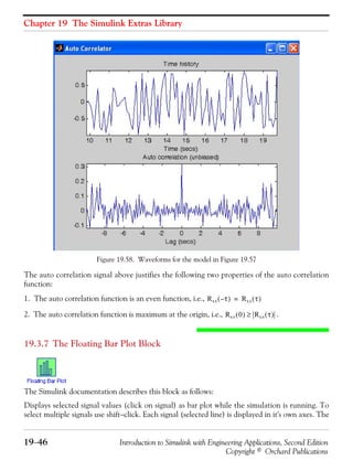 Chapter 19 The Simulink Extras Library
19−46 Introduction to Simulink with Engineering Applications, Second Edition
Copyright © Orchard Publications
Figure 19.58. Waveforms for the model in Figure 19.57
The auto correlation signal above justifies the following two properties of the auto correlation
function:
1. The auto correlation function is an even function, i.e.,
2. The auto correlation function is maximum at the origin, i.e., .
19.3.7 The Floating Bar Plot Block
The Simulink documentation describes this block as follows:
Displays selected signal values (click on signal) as bar plot while the simulation is running. To
select multiple signals use shift−click. Each signal (selected line) is displayed in it's own axes. The
Rxx τ–( ) Rxx τ( )=
Rxx 0( ) Rxx τ( )≥
 