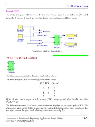 Introduction to Simulink with Engineering Applications, Second Edition 19−51
Copyright © Orchard Publications
The Flip Flops Group
Example 19.22
The model in Figure 19.63 illustrates the fact that when a logical 1 is applied to both and
inputs, both outputs and go to logical 0, and this condition should be avoided.
Figure 19.63. Model for Example 19.22
19.4.4 The D Flip Flop Block
The Simulink documentation describes this block as follows:
The D flip flop block has the following characteristic table:
Q(t) D(t) Q(tnext)
------------------------
0 0 0
0 1 1
1 0 0
1 1 1
Q(tnext) refers to the output on a clock pulse (CLK) rising edge and when the chip is enabled
(!CLR ~= 0).
The D flip flop transfers "data" into a memory element (flip flop) on each clock pulse (CLK). The
chip enable input signal, !CLR, is sometimes given the designation G (for gate) to indicate that
this input enables the gated latch allowing data entry into the flip flop.
S R
Q Q
 