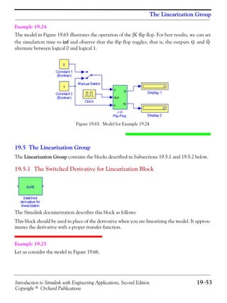 Introduction to Simulink with Engineering Applications, Second Edition 19−53
Copyright © Orchard Publications
The Linearization Group
Example 19.24
The model in Figure 19.65 illustrates the operation of the JK flip flop. For best results, we can set
the simulation time to inf and observe that the flip flop toggles, that is, the outputs and
alternate between logical 0 and logical 1.
Figure 19.65. Model for Example 19.24
19.5 The Linearization Group
The Linearization Group contains the blocks described in Subsections 19.5.1 and 19.5.2 below.
19.5.1 The Switched Derivative for Linearization Block
The Simulink documentation describes this block as follows:
This block should be used in place of the derivative when you are linearizing the model. It approx-
imates the derivative with a proper transfer function.
Example 19.25
Let us consider the model in Figure 19.66.
Q Q
 