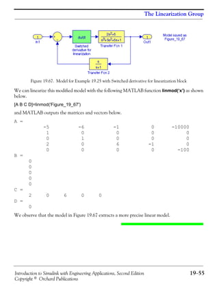 Introduction to Simulink with Engineering Applications, Second Edition 19−55
Copyright © Orchard Publications
The Linearization Group
Figure 19.67. Model for Example 19.25 with Switched derivative for linearization block
We can linearize this modified model with the following MATLAB function linmod(‘x’) as shown
below.
[A B C D]=linmod('Figure_19_67')
and MATLAB outputs the matrices and vectors below.
A =
-5 -6 -1 0 -10000
1 0 0 0 0
0 1 0 0 0
2 0 6 -1 0
0 0 0 0 -100
B =
0
0
0
0
0
C =
2 0 6 0 0
D =
0
We observe that the model in Figure 19.67 extracts a more precise linear model.
 