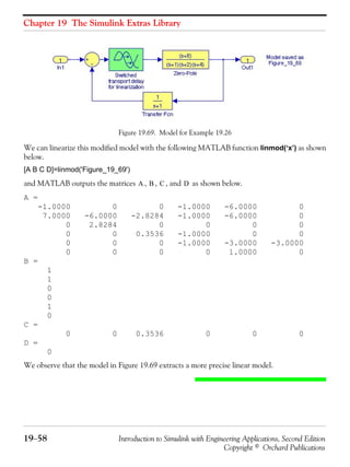 Chapter 19 The Simulink Extras Library
19−58 Introduction to Simulink with Engineering Applications, Second Edition
Copyright © Orchard Publications
Figure 19.69. Model for Example 19.26
We can linearize this modified model with the following MATLAB function linmod(‘x’) as shown
below.
[A B C D]=linmod('Figure_19_69')
and MATLAB outputs the matrices , , , and as shown below.
A =
-1.0000 0 0 -1.0000 -6.0000 0
7.0000 -6.0000 -2.8284 -1.0000 -6.0000 0
0 2.8284 0 0 0 0
0 0 0.3536 -1.0000 0 0
0 0 0 -1.0000 -3.0000 -3.0000
0 0 0 0 1.0000 0
B =
1
1
0
0
1
0
C =
0 0 0.3536 0 0 0
D =
0
We observe that the model in Figure 19.69 extracts a more precise linear model.
A B C D
 