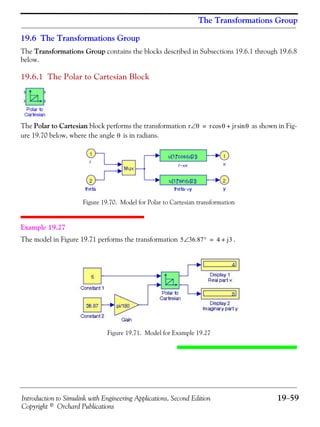 Introduction to Simulink with Engineering Applications, Second Edition 19−59
Copyright © Orchard Publications
The Transformations Group
19.6 The Transformations Group
The Transformations Group contains the blocks described in Subsections 19.6.1 through 19.6.8
below.
19.6.1 The Polar to Cartesian Block
The Polar to Cartesian block performs the transformation as shown in Fig-
ure 19.70 below, where the angle is in radians.
Figure 19.70. Model for Polar to Cartesian transformation
Example 19.27
The model in Figure 19.71 performs the transformation .
Figure 19.71. Model for Example 19.27
r θ∠ r θ jr θsin+cos=
θ
5 36.87°∠ 4 j3+=
 