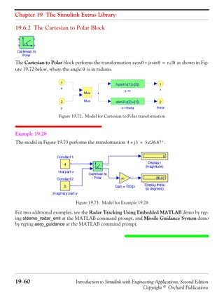 Chapter 19 The Simulink Extras Library
19−60 Introduction to Simulink with Engineering Applications, Second Edition
Copyright © Orchard Publications
19.6.2 The Cartesian to Polar Block
The Cartesian to Polar block performs the transformation as shown in Fig-
ure 19.72 below, where the angle is in radians.
Figure 19.72. Model for Cartesian to Polar transformation
Example 19.28
The model in Figure 19.73 performs the transformation .
Figure 19.73. Model for Example 19.28
For two additional examples, see the Radar Tracking Using Embedded MATLAB demo by typ-
ing sldemo_radar_eml at the MATLAB command prompt, and Missile Guidance System demo
by typing aero_guidance at the MATLAB command prompt.
r θ jr θsin+cos r θ∠=
θ
theta
2
r
1
x->theta
atan2(u[2],u[1])
x->r
hypot(u[1],u[2])
Mux
Mux
y
2
x
1
4 j3+ 5 36.87°∠=
 