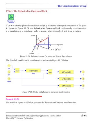 Introduction to Simulink with Engineering Applications, Second Edition 19−61
Copyright © Orchard Publications
The Transformations Group
19.6.3 The Spherical to Cartesian Block
If are the spherical coordinates and are the rectangular coordinates of the point
, shown in Figure 19.74, the Spherical to Cartesian block performs the transformation
, , and , where the angles and are in radians.
Figure 19.74. Relation between Cartesian and Spherical coordinates
The Simulink model for this transformation is shown in Figure 19.75 below.
Figure 19.75. Model for Spherical to Cartesian transformation
Example 19.29
The model in Figure 19.76 below performs the Spherical to Cartesian transformation.
ρ θ φ, ,( ) x y z, ,( )
P
x ρ θcos φsin= y ρ θ φsinsin= z ρ φcos= θ φ
z−axis
x−axis
y−axis
θ
φ
y
x
z
P
ρ
r
r x
2
y
2
+=
Z
3
Y
2
X
1
z
u[1]*cos(u[2])
y
u[1]*sin(u[2])
x
u[1]*cos(u[2])
temp
u[1]*sin(u[2])
Mux
Mux
phi
3
theta
2
rho
1
 