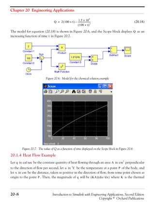 Chapter 20 Engineering Applications
20−8 Introduction to Simulink with Engineering Applications, Second Edition
Copyright © Orchard Publications
(20.18)
The model for equation (20.18) is shown in Figure 20.6, and the Scope block displays as an
increasing function of time in Figure 20.7.
Figure 20.6. Model for the chemical solution example
Figure 20.7. The value of Q as a function of time displayed on the Scope block in Figure 20.6
20.1.4 Heat Flow Example
Let in be the constant quantity of heat flowing through an area in perpendicular
to the direction of flow per second, let in be the temperature at a point of the body, and
let in be the distance, taken as positive in the direction of flow, from some point chosen as
origin to the point . Then, the magnitude of will be where is the thermal
Q 2 100 t+( )
1.5 10
6
×
100 t+( )
2
------------------------–=
Q
t
q cal/sec A cm
2
u C
o
P
x cm
P q KA( ) du dx⁄( ) K
 