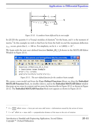 Introduction to Simulink with Engineering Applications, Second Edition 20−11
Copyright © Orchard Publications
Applications to Differential Equations
Figure 20.10. A cantilever beam deflected by its own weight
In (20.20) the quantity is Young’s modulus of elasticity* for the beam, and is the moment of
inertia.† In this example we wish to find how far from the built−in end the maximum deflection
occurs, given that . For simplicity, we let .
We begin with the new user−defined function Section_20_1_5 shown in the MATLAB Editor
Window in Figure 20.11.
Figure 20.11. The user−defined function for the cantilever beam example
We create a new model and from the User−Defined Functions library we drag the Embedded
MATLAB Function block, we double−click it, and in the Embedded MATLAB Editor window
that pops up we erase its content and we paste the function file in Figure 20.11 as shown in Figure
20.12. The Embedded MATLAB Function block now appears as shown in Figure 20.13.
* where and
† where and
Y
X
x L x–
ymax
E I
E
stress
strain
---------------= stress force per unit area= strain deformation caused by the action of stress=
I mr
2
= m mass= r perpendicular dis ce of the mass to the axis of rotationtan=
ymax L 100 m= k w 48EI( )⁄ 10
7–
= =
 