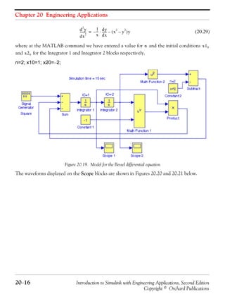 Chapter 20 Engineering Applications
20−16 Introduction to Simulink with Engineering Applications, Second Edition
Copyright © Orchard Publications
(20.29)
where at the MATLAB command we have entered a value for and the initial conditions
and for the Integrator 1 and Integrator 2 blocks respectively.
n=2; x10=1; x20=−2;
Figure 20.19. Model for the Bessel differential equation
The waveforms displayed on the Scope blocks are shown in Figures 20.20 and 20.21 below.
d
2
y
dx
2
--------
1
x
--- dy
dx
------ x
2
y
2
–( )y–⋅–=
n x10
x20
 