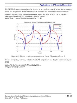 Introduction to Simulink with Engineering Applications, Second Edition 20−19
Copyright © Orchard Publications
Applications to Differential Equations
The MATLAB script that produces the plots for and versus time is shown
below, and the plots are shown in Figure 20.23, where we also observe their initial conditions.
tspan=[0 20]; y0=[2; 0]; [t,y]=ode45('vanderpol', tspan, y0); plot(t,y(:,1),'r', t,y(:,2),'b'); grid;...
title('Solution of Van der Pol Differential Equation, mu=2');...
xlabel('Time t'); ylabel('Solution y'); legend('y_1','y_2')
Figure 20.23. Plots for and versus time for the Van der Pol equation with
We can also plot versus with the MATLAB script below and the plot is shown in Figure
20.24.
plot(y(:,1), y(:,2)); grid; xlabel('y(1)'); ylabel('y(2)'); ...
title('y(2) versus y(1), mu=2')
y1 x= y2 dx dt⁄= t
y1 y2 t μ 2=
y2 y1
 
