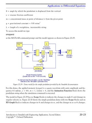 Introduction to Simulink with Engineering Applications, Second Edition 20−23
Copyright © Orchard Publications
Applications to Differential Equations
To access this model we type
simppend
at the MATLAB command prompt and the model appears as shown in Figure 20.29.
Figure 20.29. Demo model for the simple pendulum provided by the Simulink documentation
For this demo, the applied moment (torque) is a square waveform with unity amplitude and fre-
quency , , , , and the Animation Function block shows the
pendulum swing when the simulation command is executed.
The model in Figure 20.29 has no Scope blocks to indicate the changes in angle and changes in
angular velocity . Figure 20.30 shows the simple pendulum demo with two Scope blocks and an
XY Graph block to indicate changes in and changes in , and the changes in as changes.
θ angle by which the pendulum is displaced from the vertical=
c viscous friction coefficient=
m concentrated mass at point of dis ce L from the pivot pointtan=
g gravitational cons ttan 9.81 m/sec
2
= =
L length of a weightless inextensible string,=
0.1 rad/sec c 0.8= m 1= L len( ) 4=
θ
ω
θ ω ω θ
 