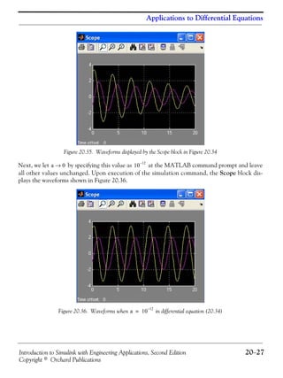 Introduction to Simulink with Engineering Applications, Second Edition 20−27
Copyright © Orchard Publications
Applications to Differential Equations
Figure 20.35. Waveforms displayed by the Scope block in Figure 20.34
Next, we let by specifying this value as at the MATLAB command prompt and leave
all other values unchanged. Upon execution of the simulation command, the Scope block dis-
plays the waveforms shown in Figure 20.36.
Figure 20.36. Waveforms when in differential equation (20.34)
a 0→ 10
12–
a 10
12–
=
 