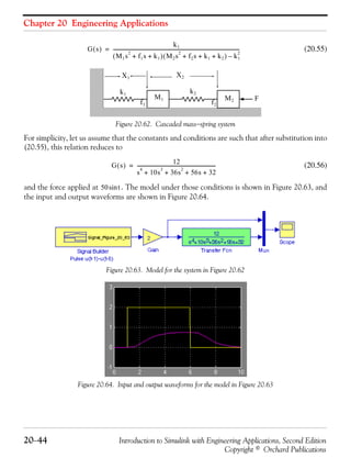 Chapter 20 Engineering Applications
20−44 Introduction to Simulink with Engineering Applications, Second Edition
Copyright © Orchard Publications
(20.55)
Figure 20.62. Cascaded mass−spring system
For simplicity, let us assume that the constants and conditions are such that after substitution into
(20.55), this relation reduces to
(20.56)
and the force applied at . The model under those conditions is shown in Figure 20.63, and
the input and output waveforms are shown in Figure 20.64.
Figure 20.63. Model for the system in Figure 20.62
Figure 20.64. Input and output waveforms for the model in Figure 20.63
G s( )
k1
M1s
2
f+ 1s k1+( ) M2s
2
f+ 2s k1 k2+ +( ) k1
2
–
----------------------------------------------------------------------------------------------------------=
k1 k2
X1 X2
M1
f1 f2
M2 F
G s( )
12
s
4
10s
3
36s
2
56s 32+ + + +
------------------------------------------------------------------=
50 tsin
 