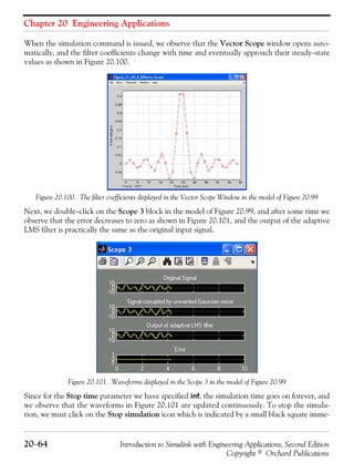 Chapter 20 Engineering Applications
20−64 Introduction to Simulink with Engineering Applications, Second Edition
Copyright © Orchard Publications
When the simulation command is issued, we observe that the Vector Scope window opens auto-
matically, and the filter coefficients change with time and eventually approach their steady−state
values as shown in Figure 20.100.
Figure 20.100. The filter coefficients displayed in the Vector Scope Window in the model of Figure 20.99
Next, we double−click on the Scope 3 block in the model of Figure 20.99, and after some time we
observe that the error decreases to zero as shown in Figure 20.101, and the output of the adaptive
LMS filter is practically the same as the original input signal.
Figure 20.101. Waveforms displayed in the Scope 3 in the model of Figure 20.99
Since for the Stop time parameter we have specified inf, the simulation time goes on forever, and
we observe that the waveforms in Figure 20.101 are updated continuously. To stop the simula-
tion, we must click on the Stop simulation icon which is indicated by a small black square imme-
 