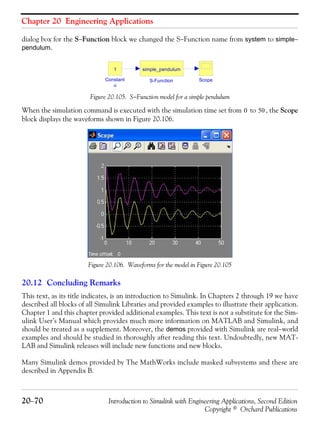 Chapter 20 Engineering Applications
20−70 Introduction to Simulink with Engineering Applications, Second Edition
Copyright © Orchard Publications
dialog box for the S−Function block we changed the S−Function name from system to simple−
pendulum.
Figure 20.105. S−Function model for a simple pendulum
When the simulation command is executed with the simulation time set from to , the Scope
block displays the waveforms shown in Figure 20.106.
Figure 20.106. Waveforms for the model in Figure 20.105
20.12 Concluding Remarks
This text, as its title indicates, is an introduction to Simulink. In Chapters 2 through 19 we have
described all blocks of all Simulink Libraries and provided examples to illustrate their application.
Chapter 1 and this chapter provided additional examples. This text is not a substitute for the Sim-
ulink User’s Manual which provides much more information on MATLAB and Simulink, and
should be treated as a supplement. Moreover, the demos provided with Simulink are real−world
examples and should be studied in thoroughly after reading this text. Undoubtedly, new MAT-
LAB and Simulink releases will include new functions and new blocks.
Many Simulink demos provided by The MathWorks include masked subsystems and these are
described in Appendix B.
ScopeS-Function
simple_pendulum
Constant
u
1
0 50
 
