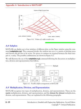 Appendix A Introduction to MATLAB®
A−18 Introduction to Simulink with Engineering Applications, Second Edition
Copyright © Orchard Publications
Figure A.6. Volume of a right circular cone.
A.8 Subplots
MATLAB can display up to four windows of different plots on the Figure window using the com-
mand subplot(m,n,p). This command divides the window into an m × n matrix of plotting areas
and chooses the pth area to be active. No spaces or commas are required between the three inte-
gers m, n and p. The possible combinations are shown in Figure A.7.
We will illustrate the use of the subplot(m,n,p) command following the discussion on multiplica-
tion, division and exponentiation that follows.
Figure A.7. Possible subplot arrangements in MATLAB
A.9 Multiplication, Division, and Exponentiation
MATLAB recognizes two types of multiplication, division, and exponentiation. These are the
matrix multiplication, division, and exponentiation, and the element−by−element multiplication,
division, and exponentiation. They are explained in the following paragraphs.
0
1
2
3
4
0
2
4
6
0
50
100
150
x-axis, radius r (meters)
Volume of Right Circular Cone
y-axis, altitude h (meters)
z-axis,volume(cubicmeters)
111
Full Screen
Default
211
212
221 222
223 224
121 122
221 222
212
211
223 224
221
223
122 121
222
224
 