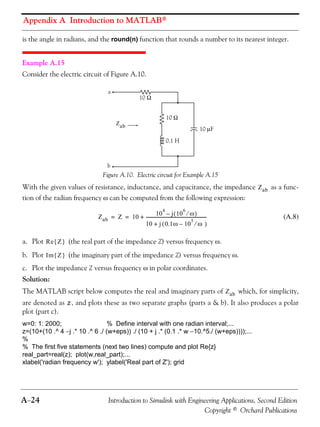 Appendix A Introduction to MATLAB®
A−24 Introduction to Simulink with Engineering Applications, Second Edition
Copyright © Orchard Publications
is the angle in radians, and the round(n) function that rounds a number to its nearest integer.
Example A.15
Consider the electric circuit of Figure A.10.
Figure A.10. Electric circuit for Example A.15
With the given values of resistance, inductance, and capacitance, the impedance as a func-
tion of the radian frequency ω can be computed from the following expression:
(A.8)
a. Plot (the real part of the impedance Z) versus frequency ω.
b. Plot (the imaginary part of the impedance Z) versus frequency ω.
c. Plot the impedance Z versus frequency ω in polar coordinates.
Solution:
The MATLAB script below computes the real and imaginary parts of which, for simplicity,
are denoted as , and plots these as two separate graphs (parts a & b). It also produces a polar
plot (part c).
w=0: 1: 2000; % Define interval with one radian interval;...
z=(10+(10 .^ 4 −j .* 10 .^ 6 ./ (w+eps)) ./ (10 + j .* (0.1 .* w −10.^5./ (w+eps))));...
%
% The first five statements (next two lines) compute and plot Re{z}
real_part=real(z); plot(w,real_part);...
xlabel('radian frequency w'); ylabel('Real part of Z'); grid
a
b
10 Ω
10 Ω
0.1 H
10 μF
Zab
Zab
Zab Z 10
10
4
j 10
6
ω⁄( )–
10 j 0.1ω 10
5
ω⁄–( )+
--------------------------------------------------------+= =
Re Z{ }
Im Z{ }
Zab
z
 