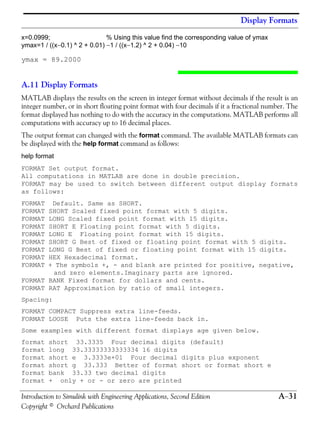 Display Formats
Introduction to Simulink with Engineering Applications, Second Edition A−31
Copyright © Orchard Publications
x=0.0999; % Using this value find the corresponding value of ymax
ymax=1 / ((x−0.1) ^ 2 + 0.01) −1 / ((x−1.2) ^ 2 + 0.04) −10
ymax = 89.2000
A.11 Display Formats
MATLAB displays the results on the screen in integer format without decimals if the result is an
integer number, or in short floating point format with four decimals if it a fractional number. The
format displayed has nothing to do with the accuracy in the computations. MATLAB performs all
computations with accuracy up to 16 decimal places.
The output format can changed with the format command. The available MATLAB formats can
be displayed with the help format command as follows:
help format
FORMAT Set output format.
All computations in MATLAB are done in double precision.
FORMAT may be used to switch between different output display formats
as follows:
FORMAT Default. Same as SHORT.
FORMAT SHORT Scaled fixed point format with 5 digits.
FORMAT LONG Scaled fixed point format with 15 digits.
FORMAT SHORT E Floating point format with 5 digits.
FORMAT LONG E Floating point format with 15 digits.
FORMAT SHORT G Best of fixed or floating point format with 5 digits.
FORMAT LONG G Best of fixed or floating point format with 15 digits.
FORMAT HEX Hexadecimal format.
FORMAT + The symbols +, - and blank are printed for positive, negative,
and zero elements.Imaginary parts are ignored.
FORMAT BANK Fixed format for dollars and cents.
FORMAT RAT Approximation by ratio of small integers.
Spacing:
FORMAT COMPACT Suppress extra line-feeds.
FORMAT LOOSE Puts the extra line-feeds back in.
Some examples with different format displays age given below.
format short 33.3335 Four decimal digits (default)
format long 33.33333333333334 16 digits
format short e 3.3333e+01 Four decimal digits plus exponent
format short g 33.333 Better of format short or format short e
format bank 33.33 two decimal digits
format + only + or - or zero are printed
 