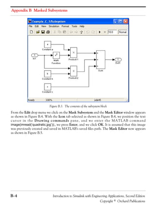 Appendix B Masked Subsystems
B−4 Introduction to Simulink with Engineering Applications, Second Edition
Copyright © Orchard Publications
Figure B.3. The contents of the subsystem block
From the Edit drop menu we click on the Mask Subsystem and the Mask Editor window appears
as shown in Figure B.4. With the Icon tab selected as shown in Figure B.4, we position the text
cursor in the Drawing commands pane, and we enter the MATLAB command
image(imread(‘quadratic.jpg’));, we press Enter, and we click OK. It is assumed that this image
was previously created and saved in MATLAB’s saved files path. The Mask Editor now appears
as shown in Figure B.5.
 