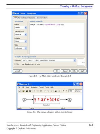 Introduction to Simulink with Engineering Applications, Second Edition B−5
Copyright © Orchard Publications
Creating a Masked Subsystem
Figure B.4. The Mask Editor window for Example B.1
Figure B.5. The masked subsystem with an imported image
 
