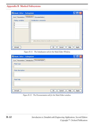 Appendix B Masked Subsystems
B−10 Introduction to Simulink with Engineering Applications, Second Edition
Copyright © Orchard Publications
Figure B.11. The Initialization tab for the Mask Editor Window
Figure B.12. The Documentation tab for the Mask Editor window.
 