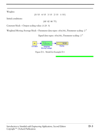 Introduction to Simulink with Engineering Applications, Second Edition D−3
Copyright © Orchard Publications
Weights:
Initial conditions:
Constant block − Output scaling value:
Weighted Moving Average block − Parameter data types: , Parameter scaling:
Signal data types: , Parameter scaling:
Figure D.1. Model for Example D.1
[5 15⁄ 4 15⁄ 3 15 2 15 1 15⁄ ]⁄⁄
85 82 80 77[ ]
1.25 3[ ]
sfix 16( ) 2
4–
sfix 16( ) 2
6–
 