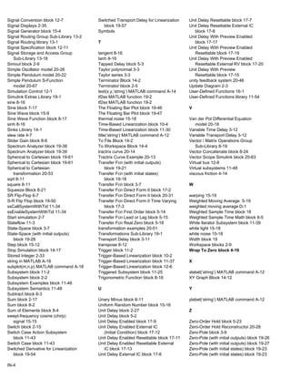 Signal Conversion block 12-7 Switched Transport Delay for Linearization Unit Delay Resettable block 17-7
Signal Displays 2-35 block 19-57 Unit Delay Resettable External IC
Signal Generator block 15-4 Symbols block 17-8
Signal Routing Group Sub-Library 13-2 Unit Delay With Preview Enabled
Signal Routing library 13-1 T block 17-17
Signal Specification block 12-11 Unit Delay With Preview Enabled
Signal Storage and Access Group tangent 8-16 Resettable block 17-19
Sub-Library 13-18 tanh 8-16 Unit Delay With Preview Enabled
Simout block 2-9 Tapped Delay block 5-3 Resettable External RV block 17-20
Simple Oscillator model 20-26 Taylor polynomial 3-3 Unit Delay With Preview
Simple Pendulum model 20-22 Taylor series 3-3 Resettable block 17-15
Simple Pendulum S-Function Terminator Block 14-2 unity feedback system 20-46
model 20-67 Terminator block 2-5 Update Diagram 2-3
Simulation Control 12-1 text(x,y,’string’) MATLAB command A-14 User-Defined Functions 16-1
Simulink Extras Library 19-1 tf2ss MATLAB function 19-2 User-Defined Functions library 11-54
sine 8-16 tf2ss MATLAB function 19-2
Sine block 7-17 The Floating Bar Plot block 19-46 V
Sine Wave block 15-9 The Floating Bar Plot block 19-47
Sine Wave Function block 8-17 thermal noise 15-18 Van der Pol Differential Equation
sinh 8-16 Time-Based Linearization block 10-4 model 20-18
Sinks Library 14-1 Time-Based Linearization block 11-30 Variable Time Delay 3-12
slew rate 4-7 title(‘string’) MATLAB command A-12 Variable Transport Delay 3-12
Slider Gain block 8-6 To File Block 14-2 Vector / Matrix Operations Group
Spectrum Analyzer block 19-38 To Workspace Block 14-4 Sub-Library 8-19
Spectrum Analyzer block 19-39 tractrix curve 20-14 Vector Concatenate block 8-24
Spherical to Cartesian block 19-61 Tractrix Curve Example 20-13 Vector Scope Simulink block 20-63
Spherical to Cartesian block 19-61 Transfer Fcn (with initial outputs) Virtual bus 12-8
Spherical to Cartesian block 19-21 Virtual subsystems 11-48
transformation 20-53 Transfer Fcn (with initial states) viscous friction 4-14
sqrt 8-11 block 19-18
square 8-11 Transfer Fcn block 3-7 W
Squeeze Block 8-21 Transfer Fcn Direct Form II block 17-2
SR Flip-Flop 6-7 Transfer Fcn Direct Form II block 20-31 warping 15-19
S-R Flip Flop block 19-50 Transfer Fcn Direct Form II Time Varying Weighted Moving Average 5-19
ssCallSystemWithTid 11-34 block 17-3 weighted moving average D-1
ssEnableSystemWithTid 11-34 Transfer Fcn First Order block 5-14 Weighted Sample Time block 18
Start simulation 2-7 Transfer Fcn Lead or Lag block 5-15 Weighted Sample Time Math block 8-5
Stateflow 11-3 Transfer Fcn Real Zero block 5-18 While Iterator Subsystem block 11-39
State-Space block 3-7 transformation examples 20-51 white light 15-18
State-Space (with initial outputs) Transformations Sub-Library 19-1 white noise 15-18
block 19-28 Transport Delay block 3-11 Width block 19
Step block 15-12 transpose 8-12 Workspace blocks 2-9
Stop Simulation block 14-17 Trigger block 11-2 Wrap To Zero block 4-16
Stored Integer 2-33 Trigger-Based Linearization block 10-2
string in MATLAB A-16 Trigger-Based Linearization block 11-37 X
subplot(m,n,p) MATLAB command A-18 Trigger-Based Linearization block 12-6
Subsystem block 11-2 Triggered Subsystem block 11-25 xlabel(‘string’) MATLAB command A-12
Subsystem block 2-2 Trigonometric Function block 8-16 XY Graph Block 14-12
Subsystem Examples block 11-46
Subsystem Semantics 11-48 U Y
Subtract block 8-3
Sum block 2-17 Unary Minus block 8-11 ylabel(‘string’) MATLAB command A-12
Sum block 8-2 Uniform Random Number block 15-16
Sum of Elements block 8-4 Unit Delay block 2-27 Z
swept-frequency cosine (chirp) Unit Delay block 5-2
signal 15-15 Unit Delay Enabled block 17-9 Zero-Order Hold block 5-23
Switch block 2-15 Unit Delay Enabled External IC Zero-Order Hold Reconstructor 20-28
Switch Case Action Subsystem (Initial Condition) block 17-12 Zero-Pole block 3-9
block 11-43 Unit Delay Enabled Resettable block 17-11 Zero-Pole (with initial outputs) block 19-26
Switch Case block 11-43 Unit Delay Enabled Resettable External Zero-Pole (with initial outputs) block 19-27
Switched Derivative for Linearization IC block 17-13 Zero-Pole (with initial states) block 19-23
block 19-54 Unit Delay External IC block 17-6 Zero-Pole (with initial states) block 19-23
IN-4
 