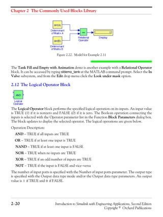 Chapter 2 The Commonly Used Blocks Library
2−20 Introduction to Simulink with Engineering Applications, Second Edition
Copyright © Orchard Publications
Figure 2.22. Model for Example 2.11
The Tank Fill and Empty with Animation demo is another example with a Relational Operator
block. It can be accessed by typing sldemo_tank at the MATLAB command prompt. Select the In
Valve subsystem, and from the Edit drop menu click the Look under mask option.
2.12 The Logical Operator Block
The Logical Operator block performs the specified logical operation on its inputs. An input value
is TRUE (1) if it is nonzero and FALSE (0) if it is zero. The Boolean operation connecting the
inputs is selected with the Operator parameter list in the Function Block Parameters dialog box.
The block updates to display the selected operator. The logical operations are given below.
Operation Description:
AND − TRUE if all inputs are TRUE
OR − TRUE if at least one input is TRUE
NAND − TRUE if at least one input is FALSE
NOR − TRUE when no inputs are TRUE
XOR − TRUE if an odd number of inputs are TRUE
NOT − TRUE if the input is FALSE and vice−versa
The number of input ports is specified with the Number of input ports parameter. The output type
is specified with the Output data type mode and/or the Output data type parameters. An output
value is if TRUE and if FALSE.1 0
 
