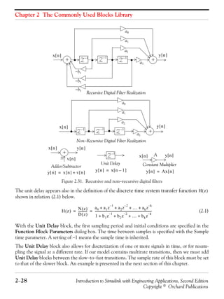 Chapter 2 The Commonly Used Blocks Library
2−28 Introduction to Simulink with Engineering Applications, Second Edition
Copyright © Orchard Publications
Figure 2.31. Recursive and non−recursive digital filters
The unit delay appears also in the definition of the discrete time system transfer function
shown in relation (2.1) below.
(2.1)
With the Unit Delay block, the first sampling period and initial conditions are specified in the
Function Block Parameters dialog box. The time between samples is specified with the Sample
time parameter. A setting of −1 means the sample time is inherited.
The Unit Delay block also allows for discretization of one or more signals in time, or for resam-
pling the signal at a different rate. If our model contains multirate transitions, then we must add
Unit Delay blocks between the slow−to−fast transitions. The sample rate of this block must be set
to that of the slower block. An example is presented in the next section of this chapter.
+
+
A
Constant MultiplierUnit Delay
Adder/Subtractor
±
a3
a2
a0
a1
−b3
−b2
−b1
Z
1–
Z
1–
Z
1–
+ +
a3
a2
a0
a1
Z
1–
Z
1–
Z
1–
Z
1–
Non−Recursive Digital Filter Realization
Recursive Digital Filter Realization
x n[ ] y n[ ]
x n[ ] y n[ ]
y n[ ]
y n[ ]x n[ ]
x n[ ]
v n[ ]
y n[ ] x n[ ] v n[ ]+=
y n[ ] x n 1–[ ]= y n[ ] Ax n[ ]=
H z( )
H z( ) N z( )
D z( )
------------
a0 a1z
1–
a2z
2–
… akz
k–
+ + + +
1 b1z
1–
b2z
2–
… bkz
k–
+ + + +
---------------------------------------------------------------------------= =
 