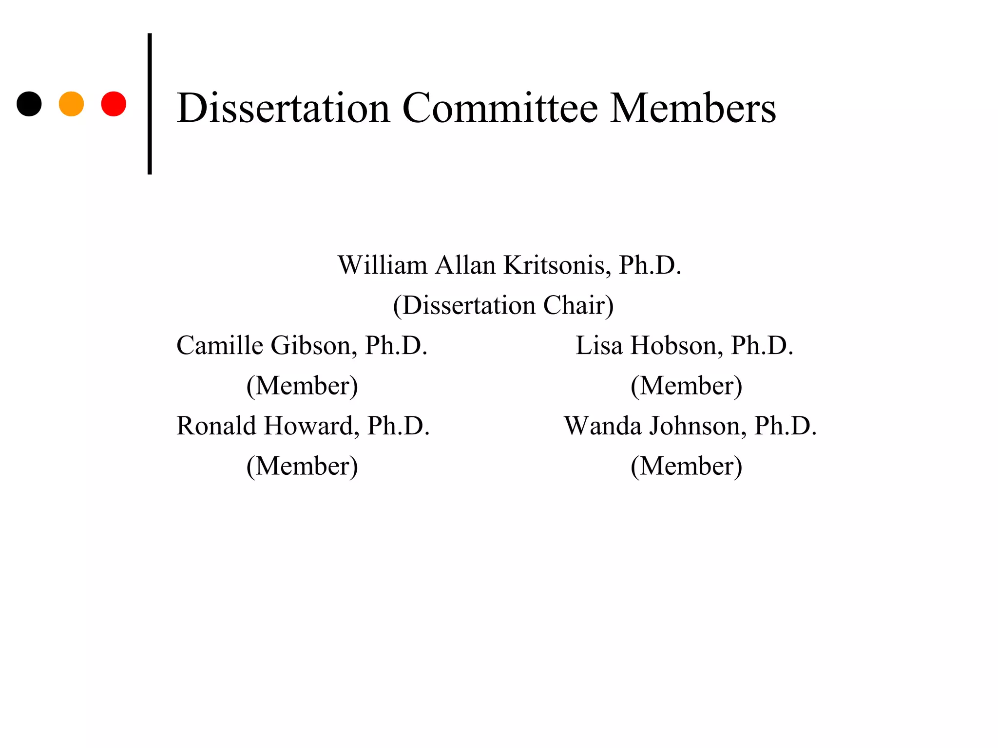 Dissertation Committee Members
William Allan Kritsonis, Ph.D.
(Dissertation Chair)
Camille Gibson, Ph.D. Lisa Hobson, Ph.D.
(Member) (Member)
Ronald Howard, Ph.D. Wanda Johnson, Ph.D.
(Member) (Member)
 