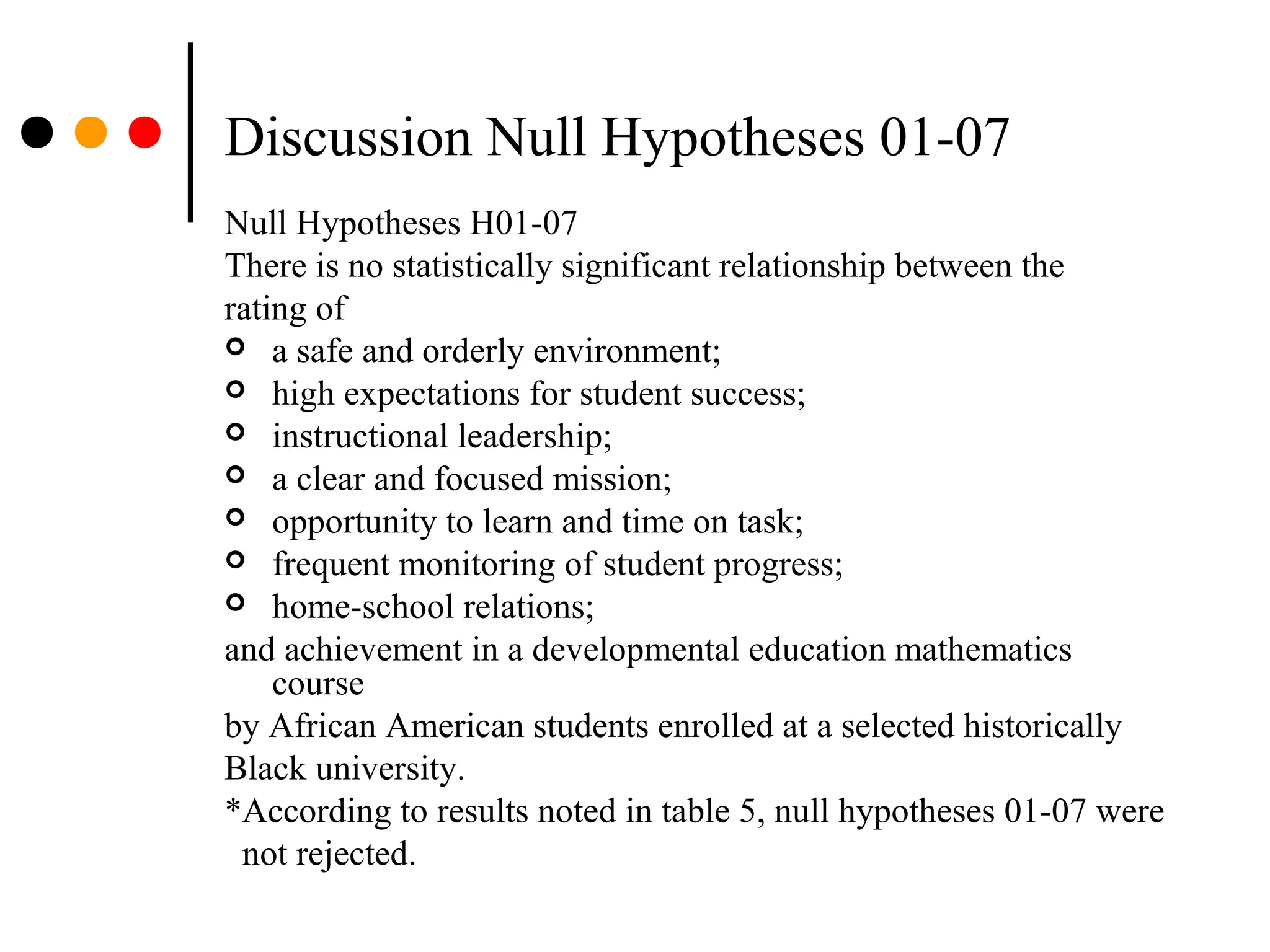 Discussion Null Hypotheses 01-07
Null Hypotheses H01-07
There is no statistically significant relationship between the
rating of
 a safe and orderly environment;
 high expectations for student success;
 instructional leadership;
 a clear and focused mission;
 opportunity to learn and time on task;
 frequent monitoring of student progress;
 home-school relations;
and achievement in a developmental education mathematics
course
by African American students enrolled at a selected historically
Black university.
*According to results noted in table 5, null hypotheses 01-07 were
not rejected.
 